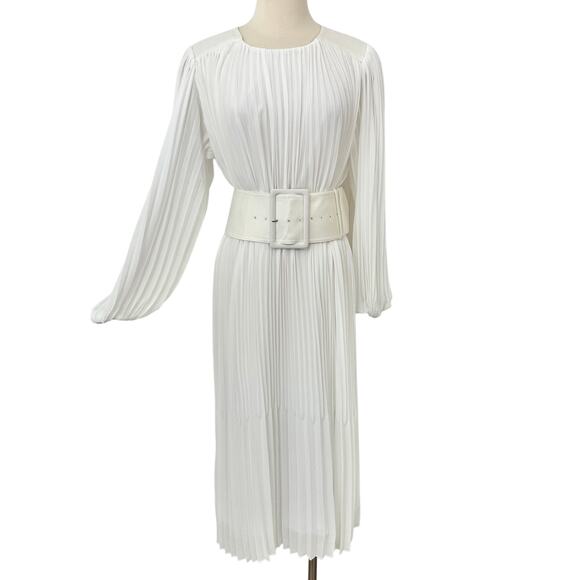 AJE Cathedra Belted Midi Dress Pleated Long Sleeve in Ivory AU 12 / US 8 - Picture 1 of 14